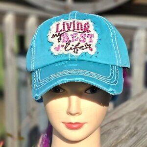 Ladies Turquoise Living My Best Life BLING Hat NEW